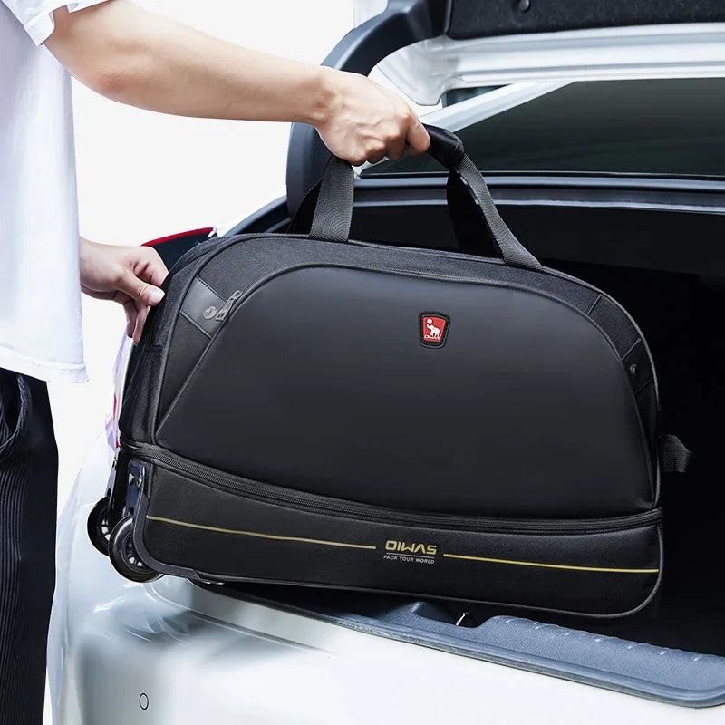 OIWAS Men Trolley Duffle Bag 56L Water-Repellent Foldable Rolling Suitcase Hand Luggage With Wheels Carry-On Bags Expansion Pack
