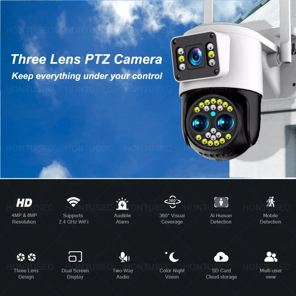 Yoosee 4K 8MP Three Lens Dual Screens 10X Optical Zoom IP66 Outdoor Waterproof Auto Tracking Two Way Audio Surveillance Cameras