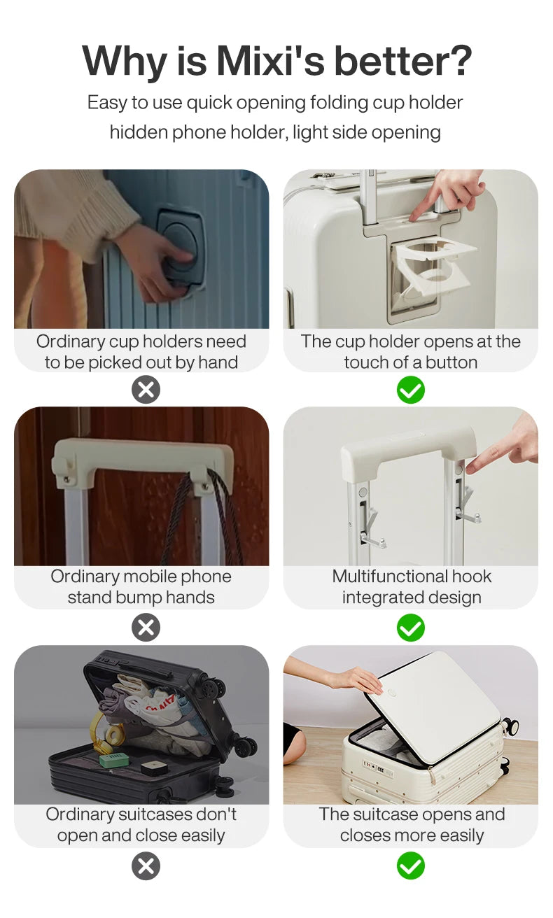 Mixi New Aluminum Frame Suitcase Carry On Rolling Luggage with USB Port Boarding Cabin Cup and Phone Holder 20 24 Inch