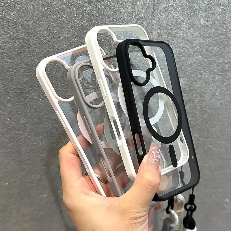 Luxury With Lanyard Clear For Magsafe Phone Case For iPhone 14 11 12 13 15 16 17Pro Max Shockproof Armour Wrist Strap Back Cover