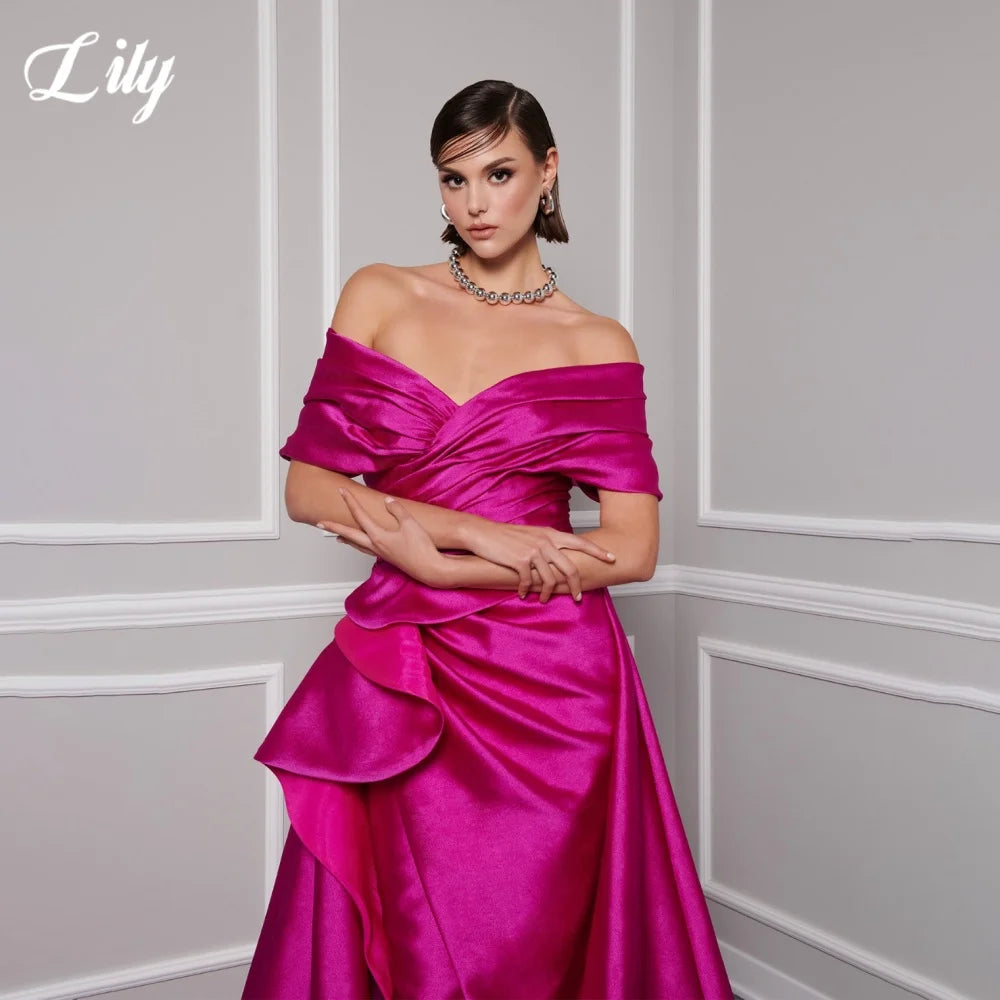 Lily Red Elegant Prom Gown V-Neck Off the Shoulder Party Dress for Woman Satin Pleating Side Split Evening Dresses Customized