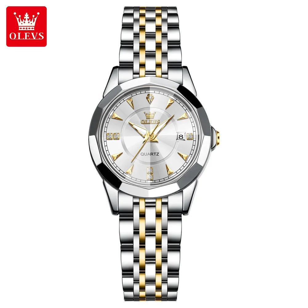 OLEVS 9977 Women's Quartz Watch Rhombus Mirror Waterproof Stainless Steel Elegant Luxury Ladies Hand Clock
