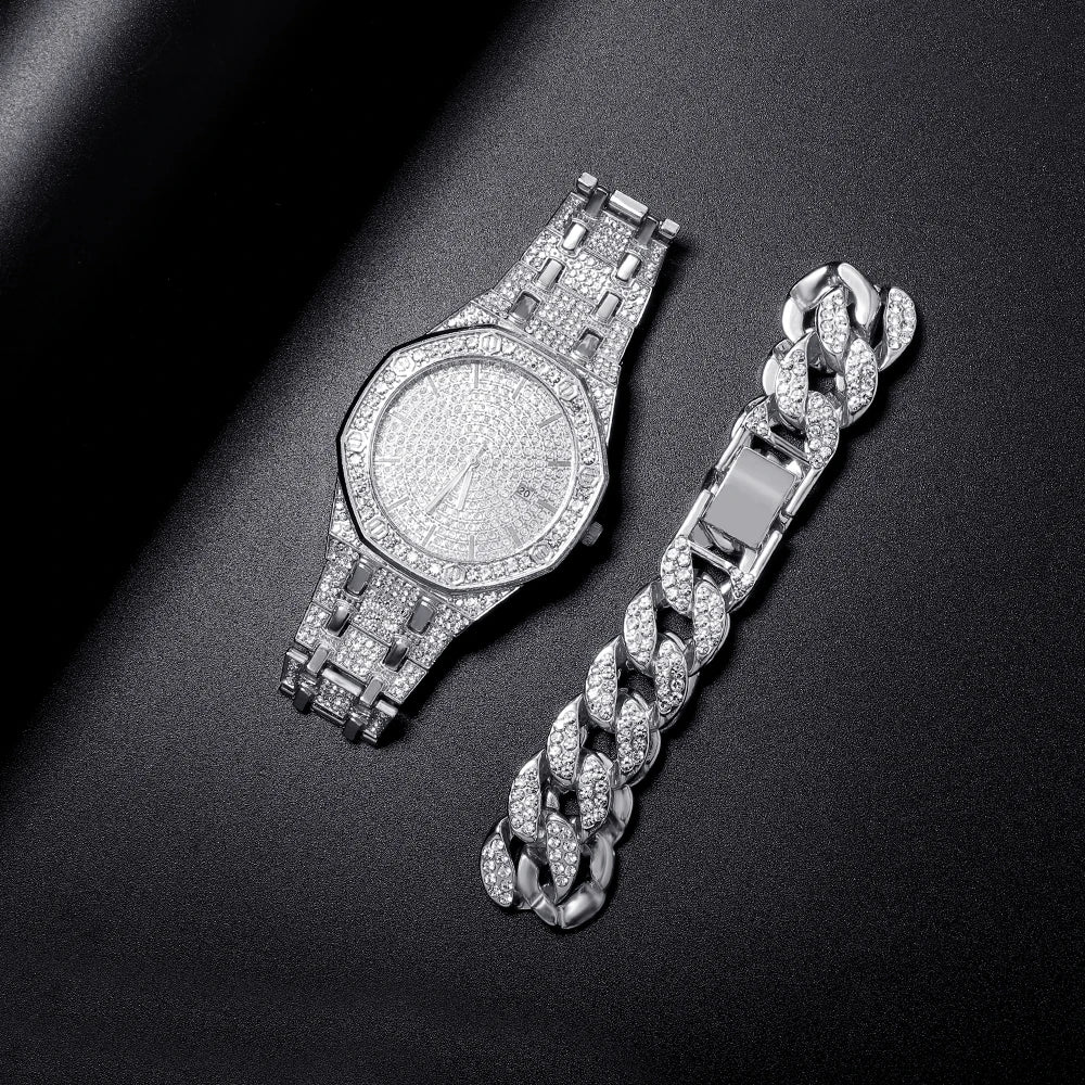 Women’s Full Iced-Out Watch Set | Green Dial Luxury Bling with Cuban & Tennis Chain Bracelets