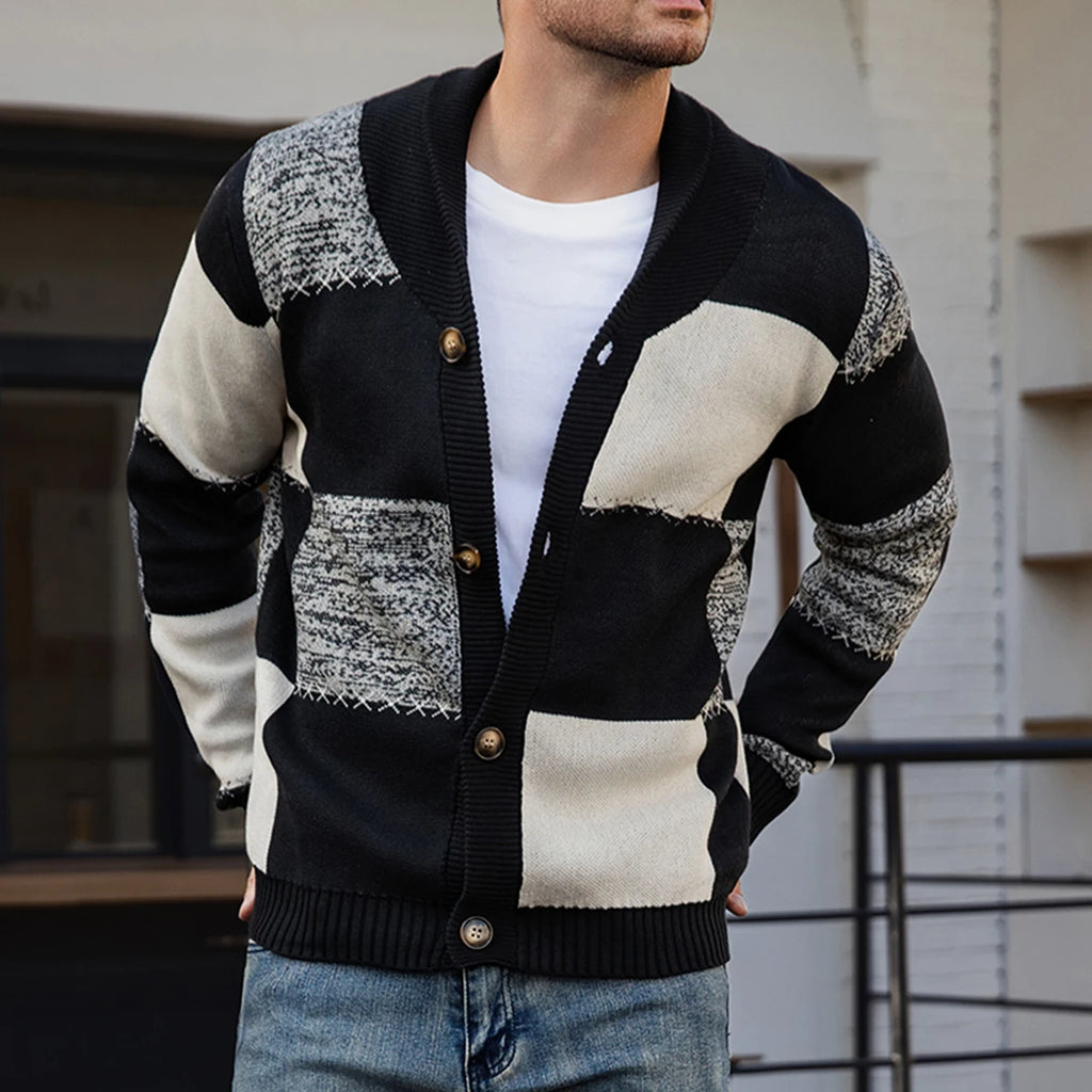 Men's Autumn and Winter Cardigan Sweater, Black-White-Gray Plaid Color Block, Casual and Versatile Knitted Jacket