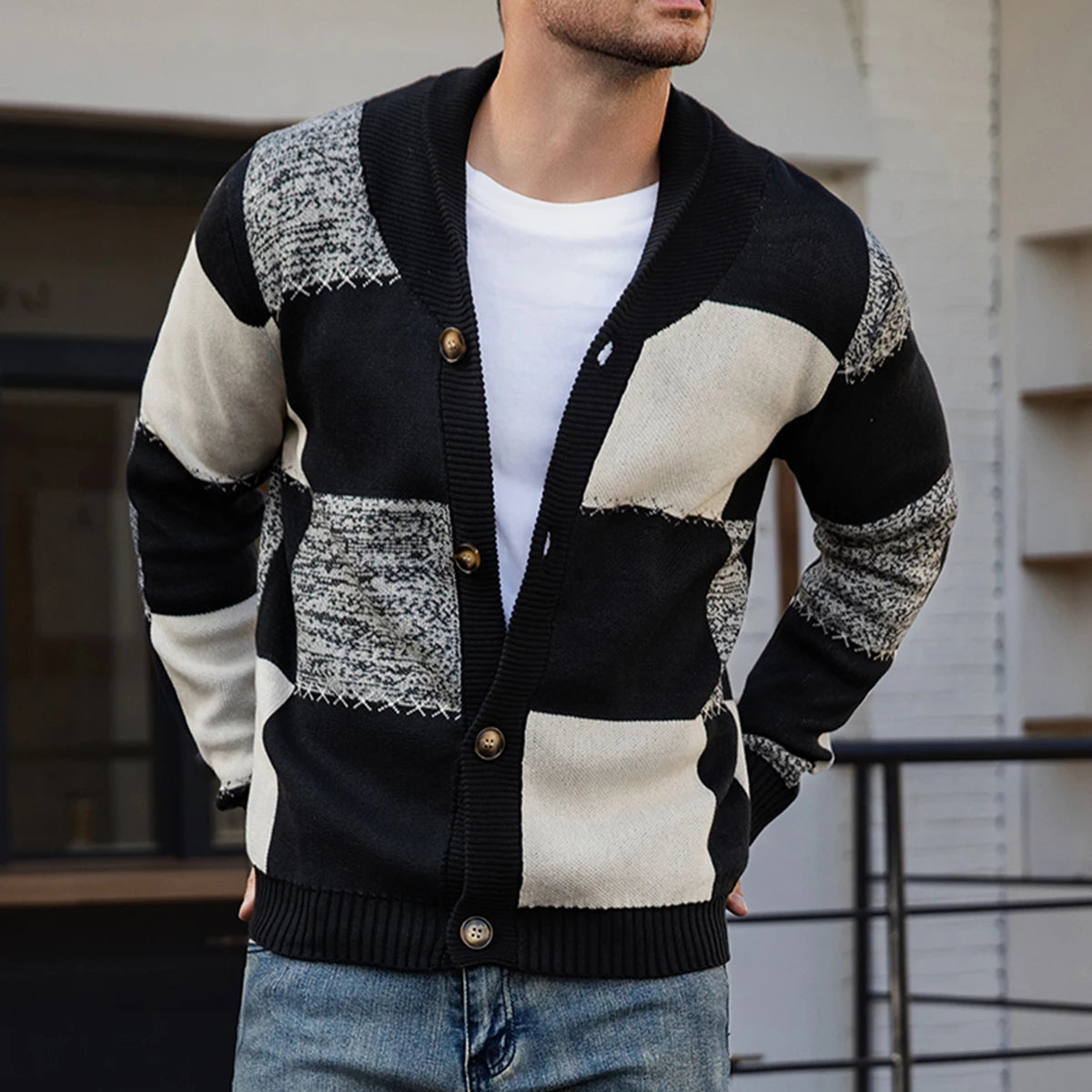 Men's Autumn and Winter Cardigan Sweater, Black-White-Gray Plaid Color Block, Casual and Versatile Knitted Jacket