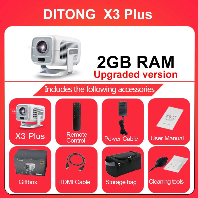 DITONG X3Plus 1080P Smart Mini Projector (600 ANSI, Wi-Fi 6, BT 5.4, Android 11)