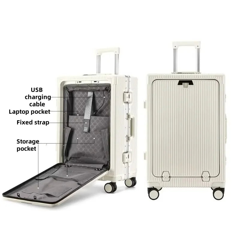 Front-Opening Carry-On Luggage with USB Port & Aluminum Frame