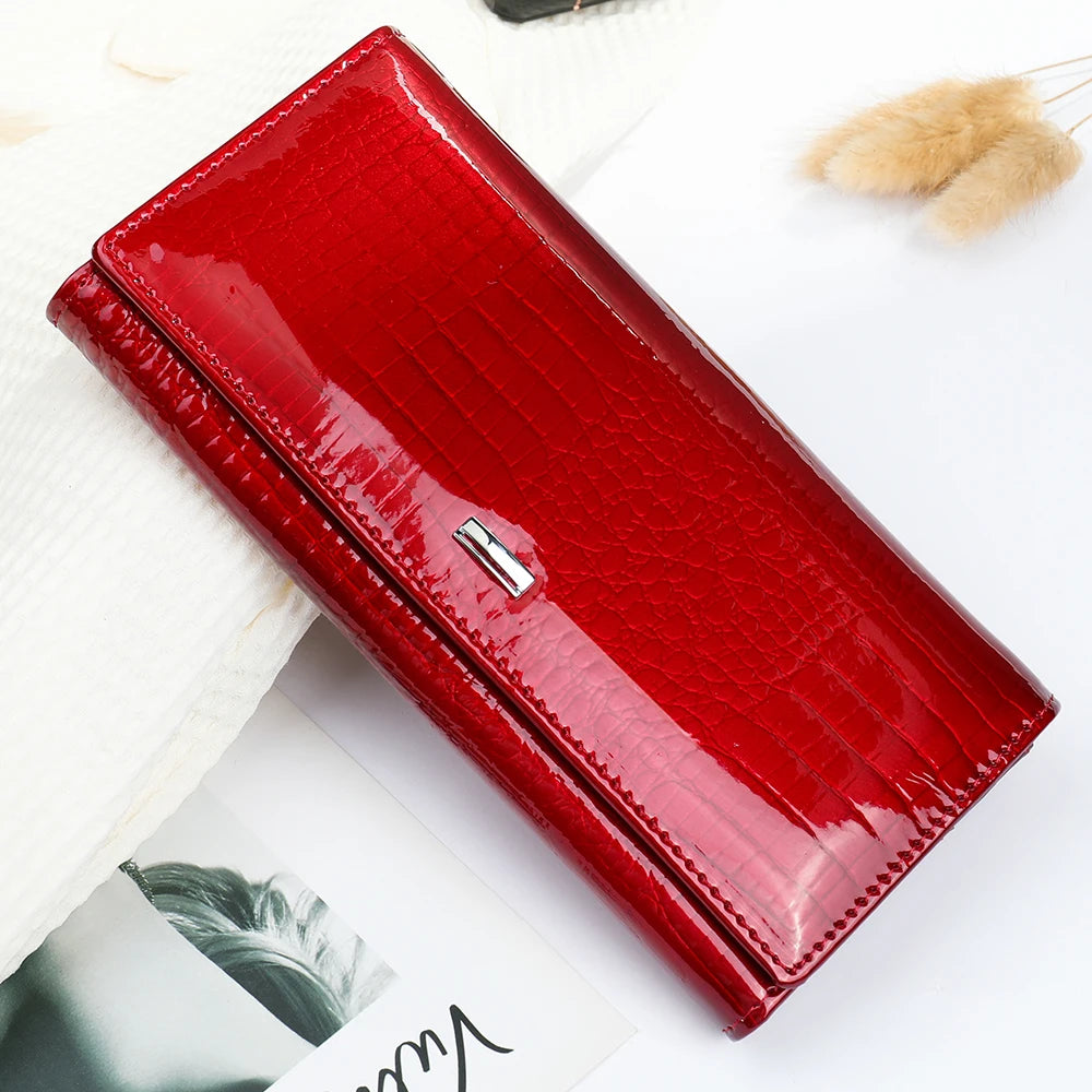 Women's Genuine Leather Wallet - Vintage Crocodile Pattern with Top Handle Buckle Closure, Flap Design, Birthday Gift