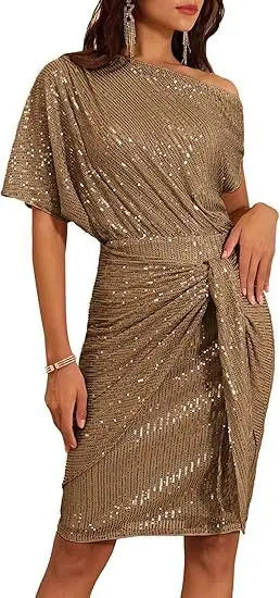 Edge-embroidered Glittering Party Club One-shoulder Pleated Toast Dress Fashionable Evening Gown