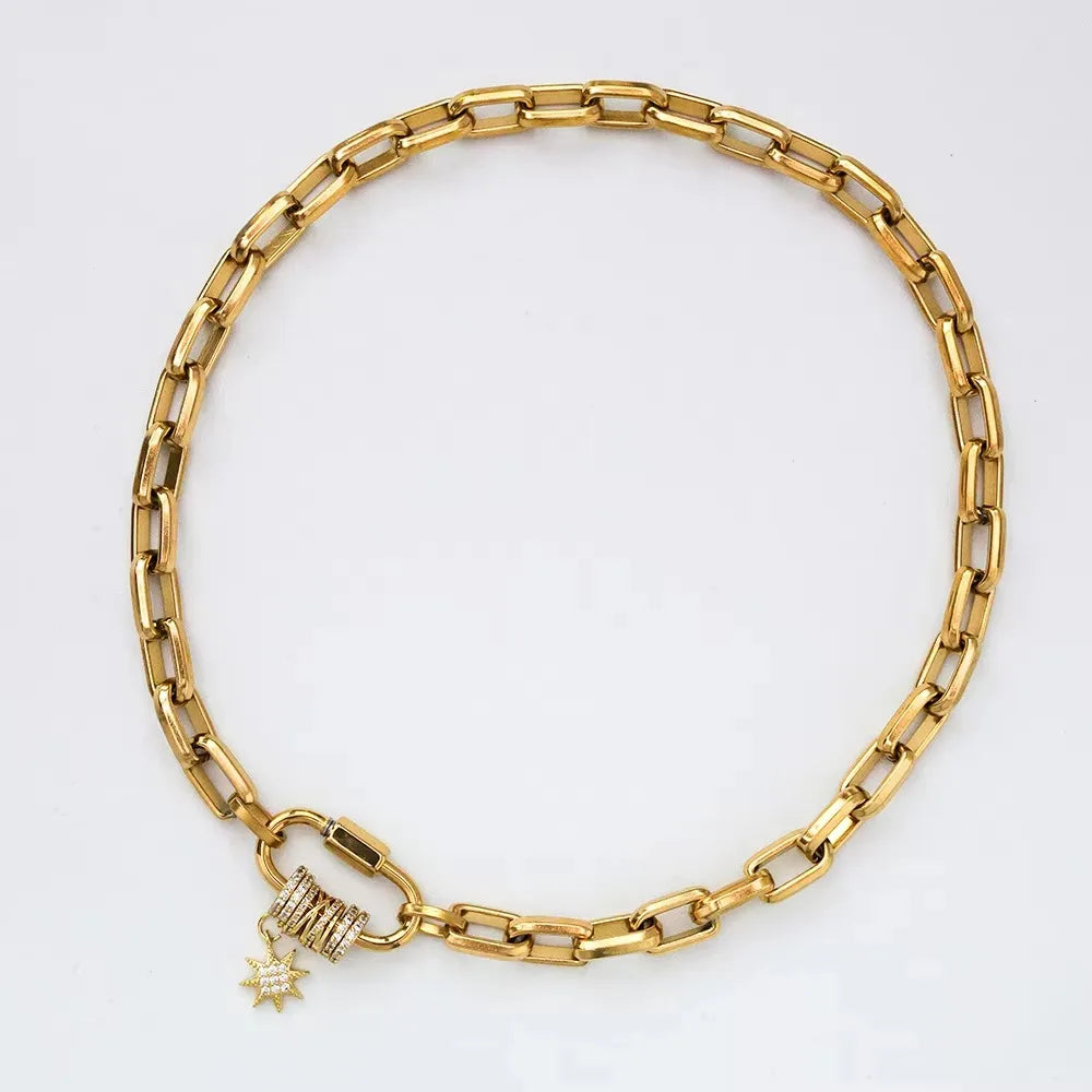2025 Luxury Gold-Plated Chunky Chain Necklace | Stainless Steel Carabiner Design with Zircon Charms