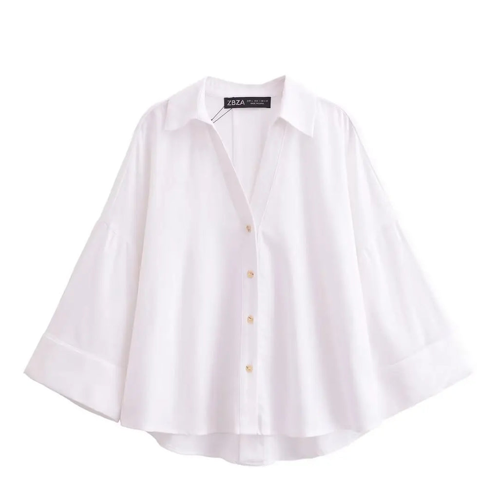 Women Fall Casual Loose Shirt Lapel Buttons Wide Sleeve Shirt 2025 New Spring Autumn Minimalist Holiday Versatile Shirt