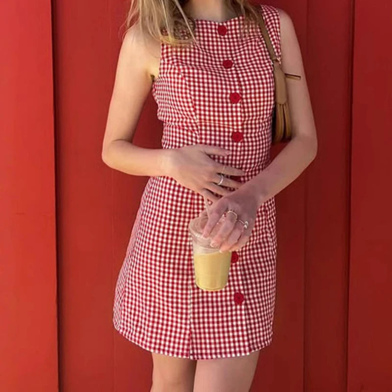 Checkered single breasted dress for summer, new vacation style A version sleeveless slim fit short skirt for women