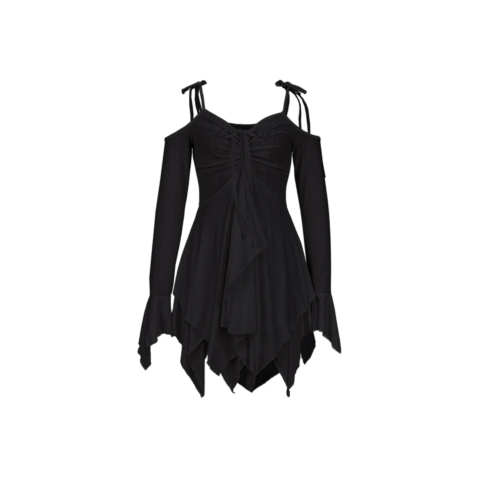 SKMY Women Clothing Drawstring Pleated Short Dresses Solid Color Y2K Irregular Lace-Up Off The Shoulder Long Sleeve Dress