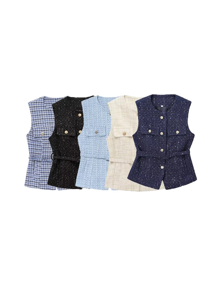 Women's Tweed Waistcoat with Belt, O Neck, Sleeveless, Front Button, Female Outerwear, Chic Tops, Fashion