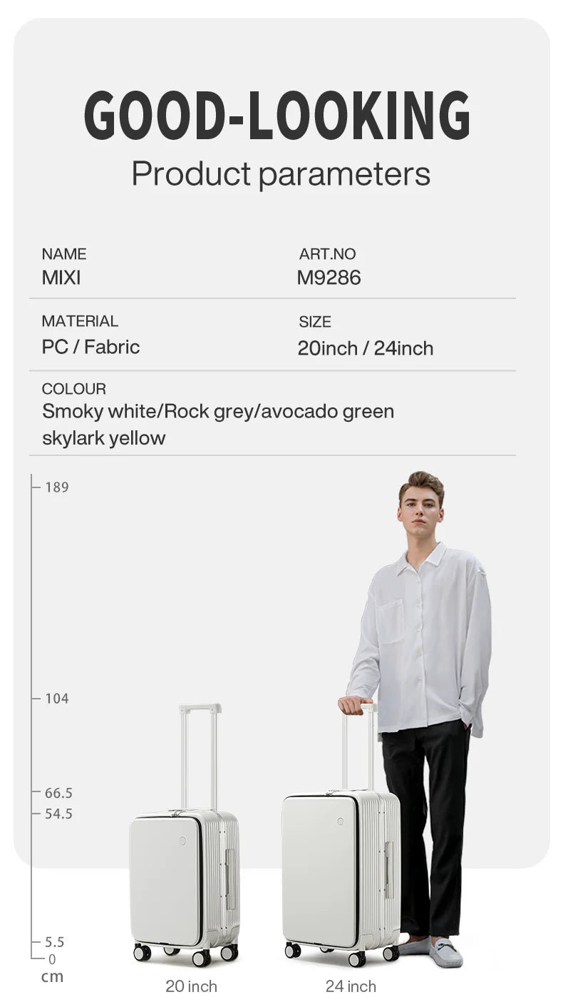 Mixi M9286 Aluminum-Frame PC Carry-On | USB Port, Cup & Phone Holder, TSA Lock, 360° Spinner Wheels (20″/24″)