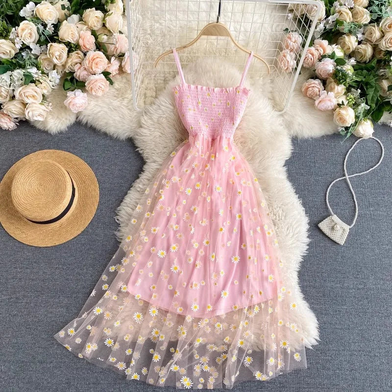 YuooMuoo Women Dress 2026 New Korean Fashion Floral Print Spaghetti Straps Mesh Party Dress Vacation Style Lady Beach Vestidos
