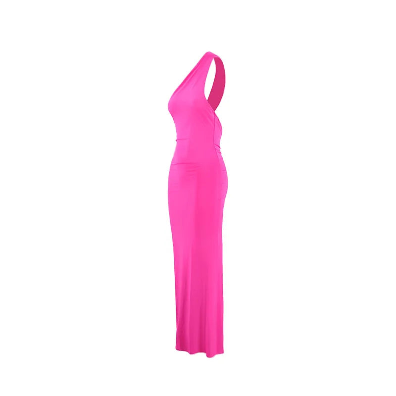 Women's One-Shoulder Sleeveless Maxi Dress Adjustable Scarf Loop Ruched Backless Bodycon Festival Party Outfit Elegant Long Gown