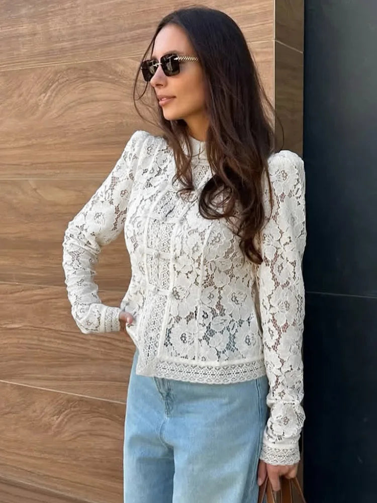 Tossy Summer Lace Printed Shirts Tops Female Hollow Out Fashion Commute Vintage See-Through Blouse Women's Lace Shrug Shirts New