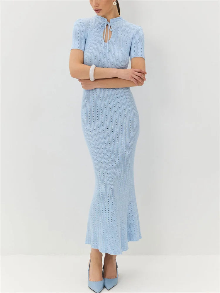 Tossy Knit Hollow Out Lace-Up Dress Female Ribbed Short Sleeve Patchwork High Waist Elegant Long Dress Women's Knitwear Dress