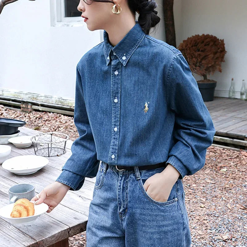 2024 American Style Vintage Denim Shirt Women's Zhengxiu Crystal Same Style  Embroidery Casual Jacket Shirt