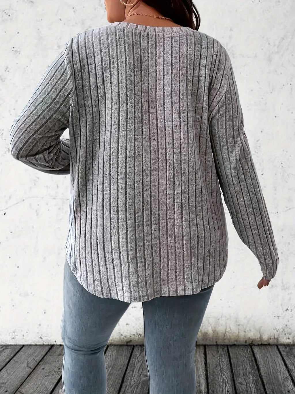 Plus Size Women’s V-Neck Ribbed Long Sleeve T-Shirt – Casual Solid Knit Top (1XL–5XL)