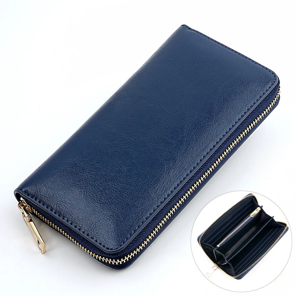 New Oil Waxed Cowhide Women's Zipper Wallet Long Genuine Leather Large Capacity Handbag Japan Style
