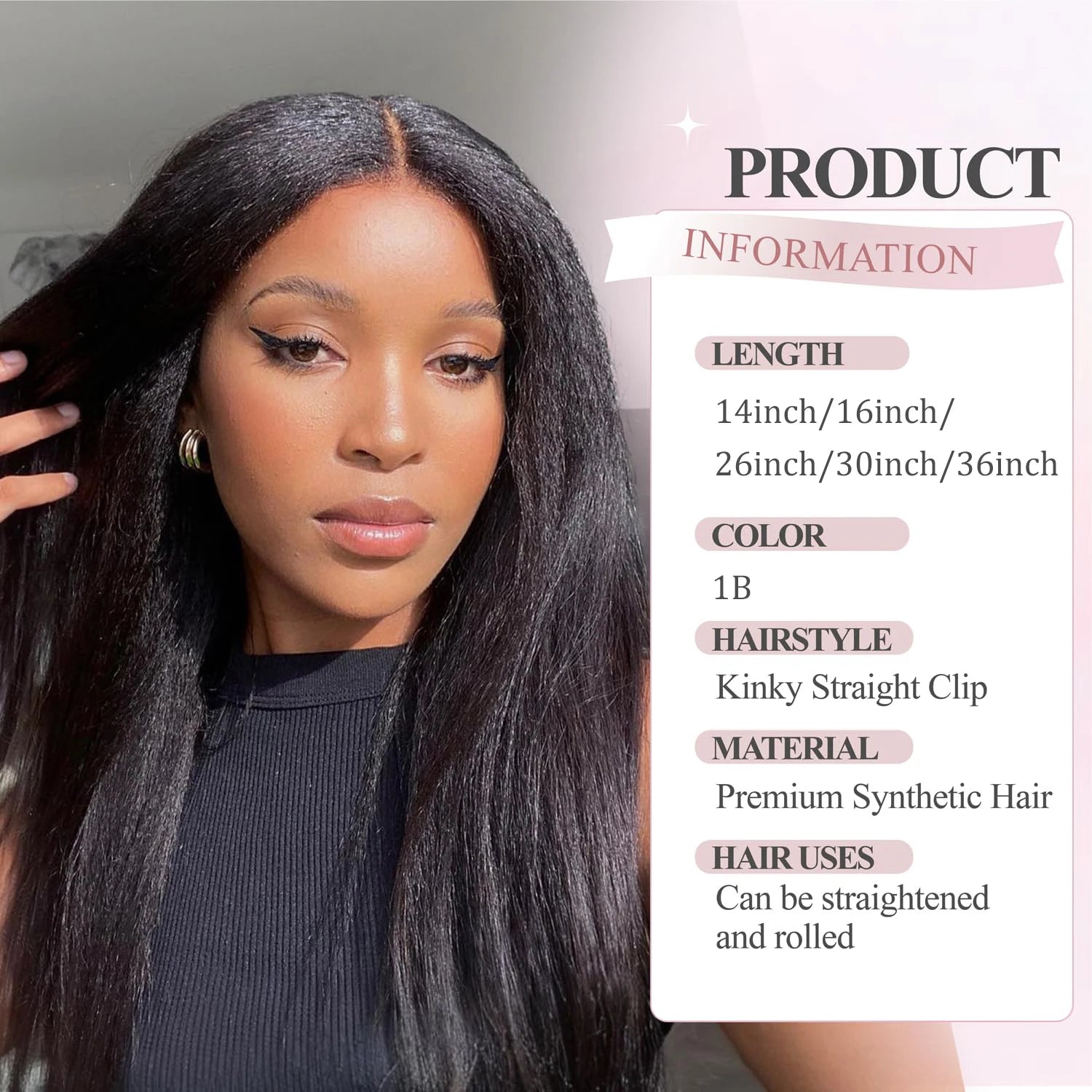 Kinky Straight Clip ins Hair Extensions Natural Black Full Head Yaki Straight Seamless Clip in Synthetic Hair Pieces for Women