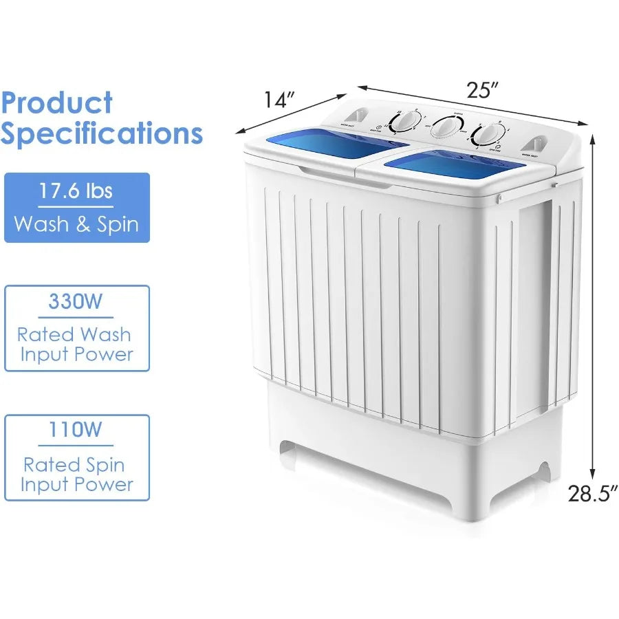Portable Washing Machine 20lbs Mini Twin Tub Washing Machine with Drain Pump SemiAutomatic 12lbs Compact Washer and 8lbs Spinne