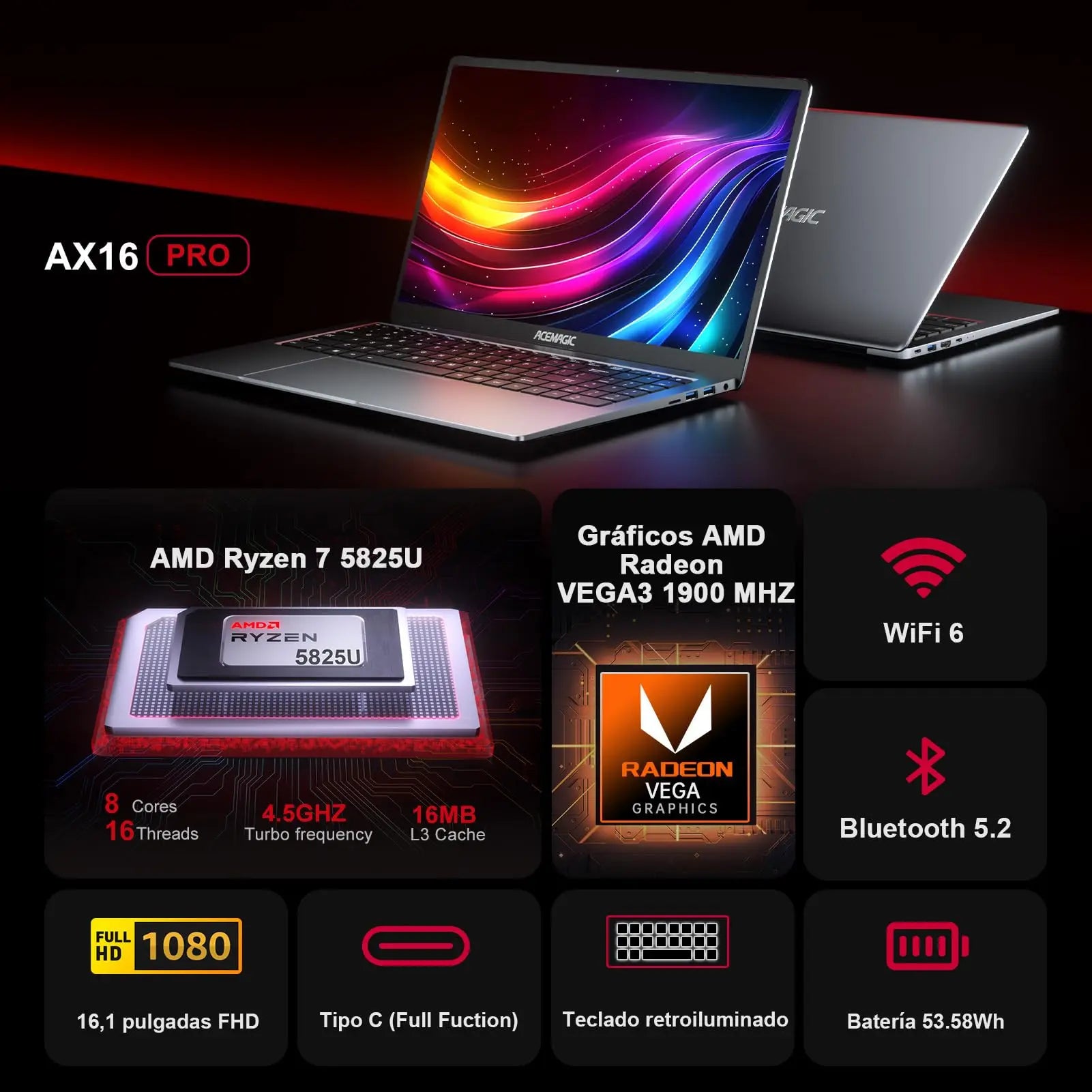 ACEMAGIC 16.1″ Laptop — Ryzen 7 5700U, 16GB DDR4, 512GB NVMe SSD, Radeon Graphics, FHD IPS, Wi-Fi 6, Backlit KB, Windows 11