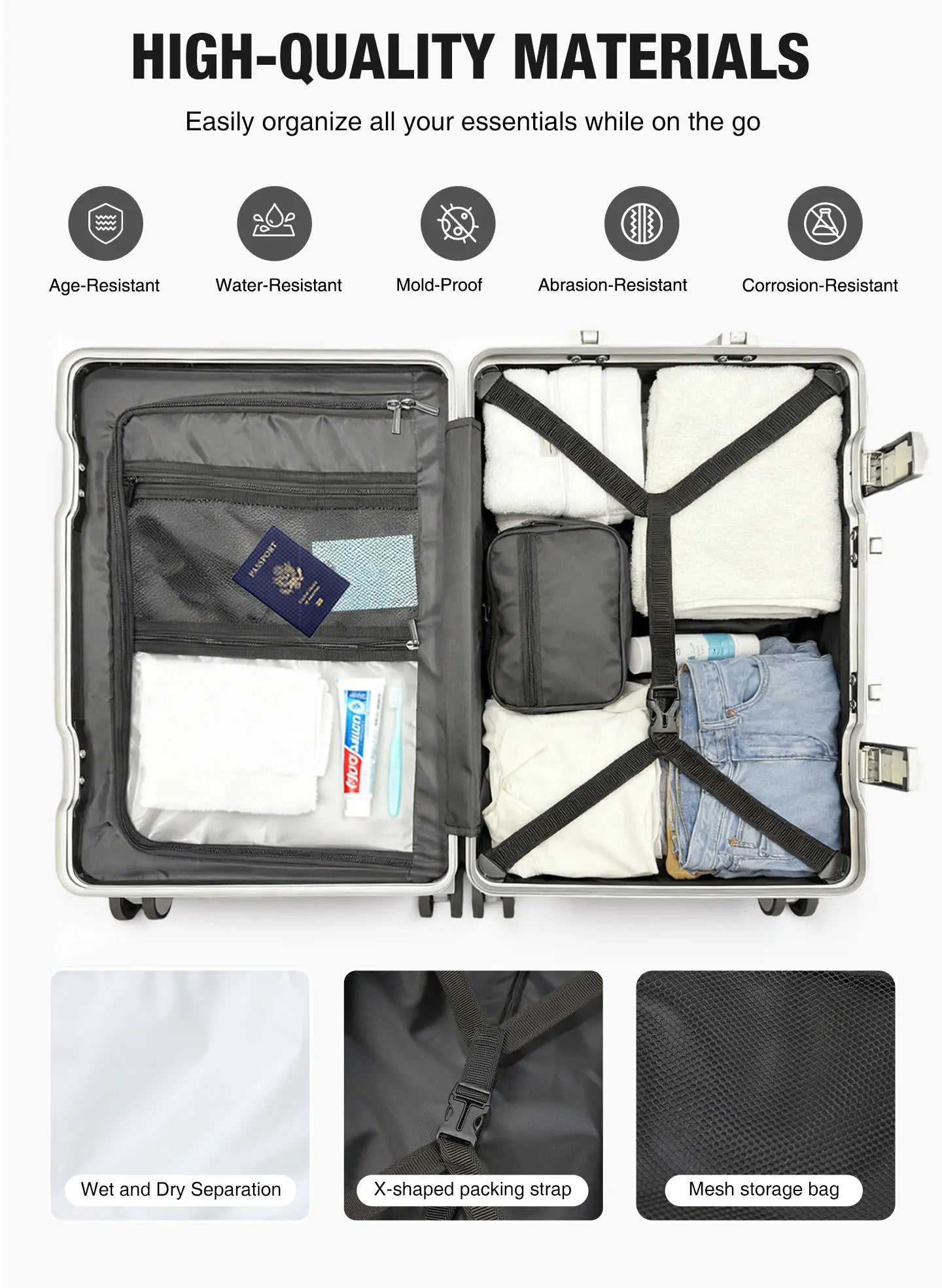 AIWEINY Aluminum Frame Suitcase PC Hard Shell Pressure-Resistant Travel Luggage, 360° Silent Swivel Wheels, with TSA Lock.