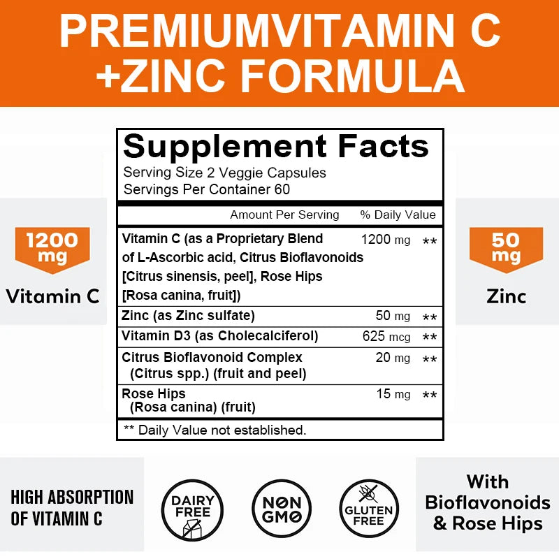 Taoters Vitamin C + Zinc — Immune & Skin Support (120 Capsules)