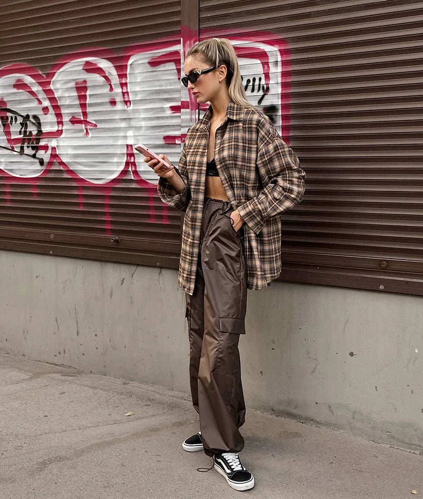 Spring Autumn Vintage Plaid Checkered Shirt Women's Long Sleeve Blouse Loose Single Breasted Casual Shirt