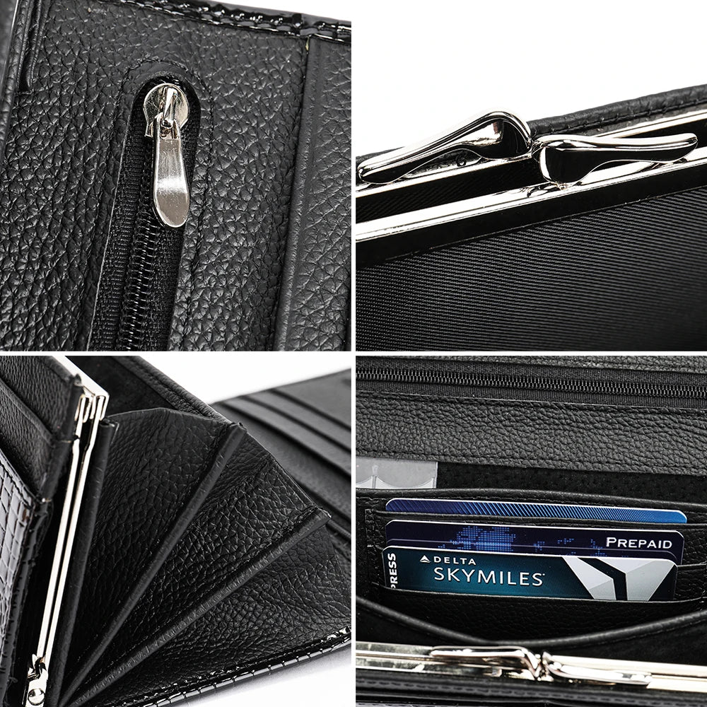 Women's Genuine Leather Wallet - Vintage Crocodile Pattern with Top Handle Buckle Closure, Flap Design, Birthday Gift