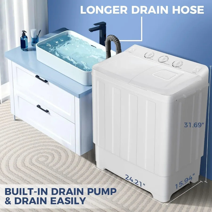 Portable Washing Machine with 30Lbs Total Capacity Featuring Twin Tub Design: 19Lbs Washer and 11Lbs Spin Dryer with Builtin Dr