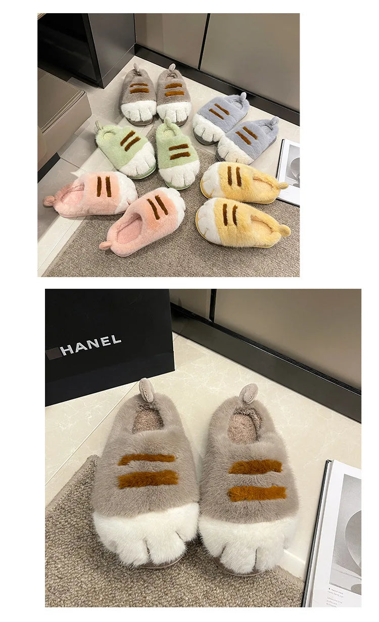 New Adorable Kitty Claw Slippers Women's Home Shoes Non Slip Furry Mules Female Fashion Warm Fluffy Slides Outdoor Cat Slippers