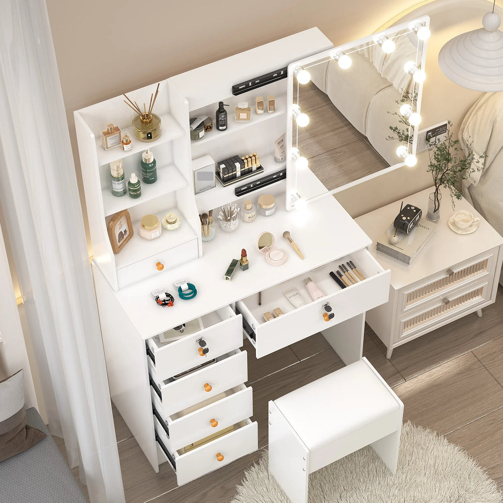 Lighted Vanity Desk Dressing Table Dresser Desk With Stool Set LED Makeup Mirror