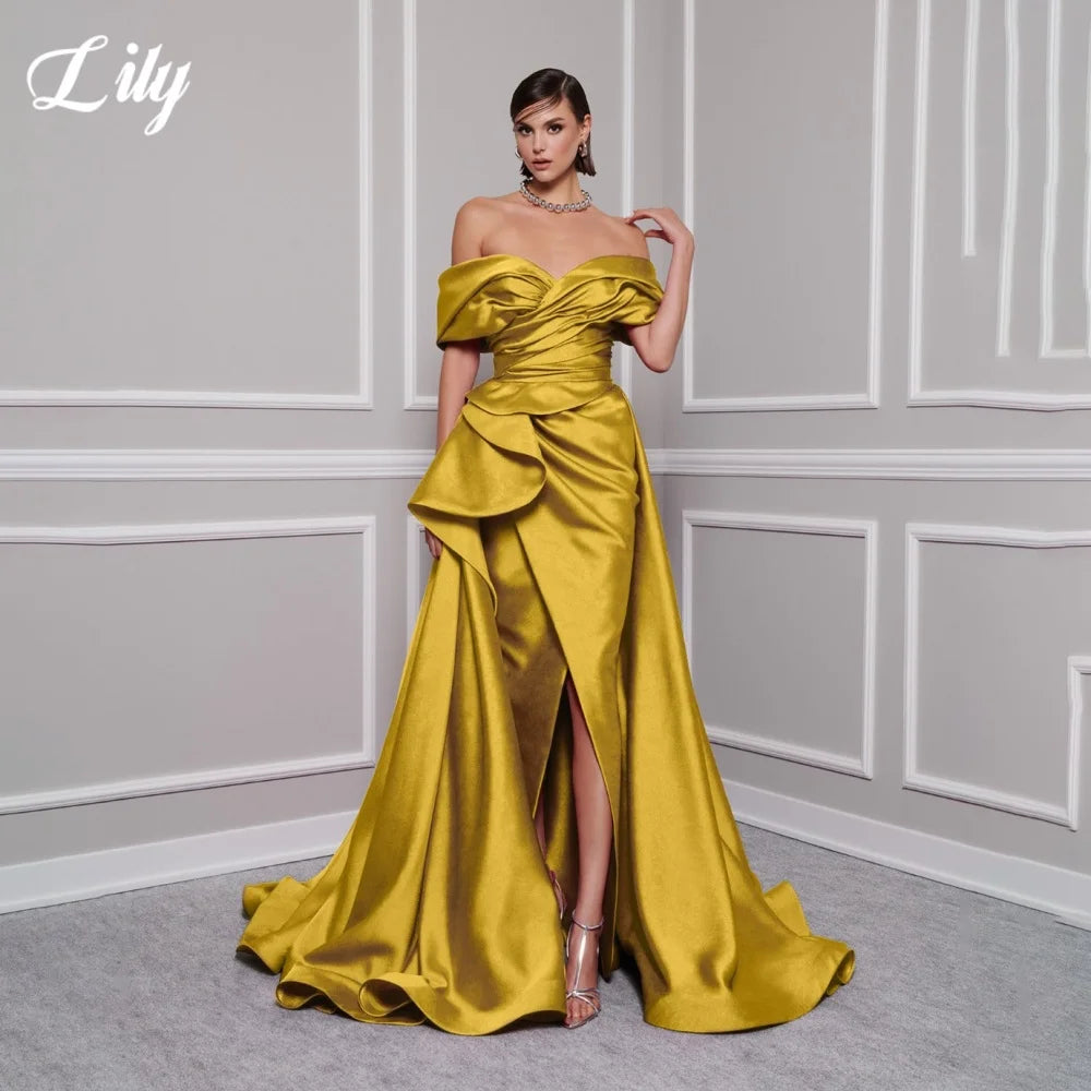 Lily Red Elegant Prom Gown V-Neck Off the Shoulder Party Dress for Woman Satin Pleating Side Split Evening Dresses Customized