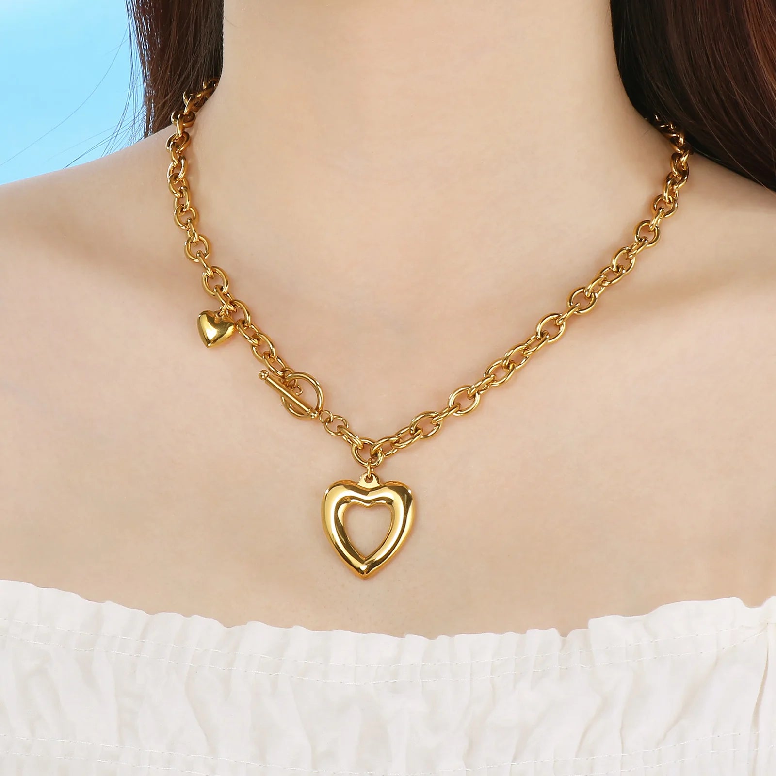 Romantic Heart Pendant Necklace | Gold Stainless Steel Choker for Women