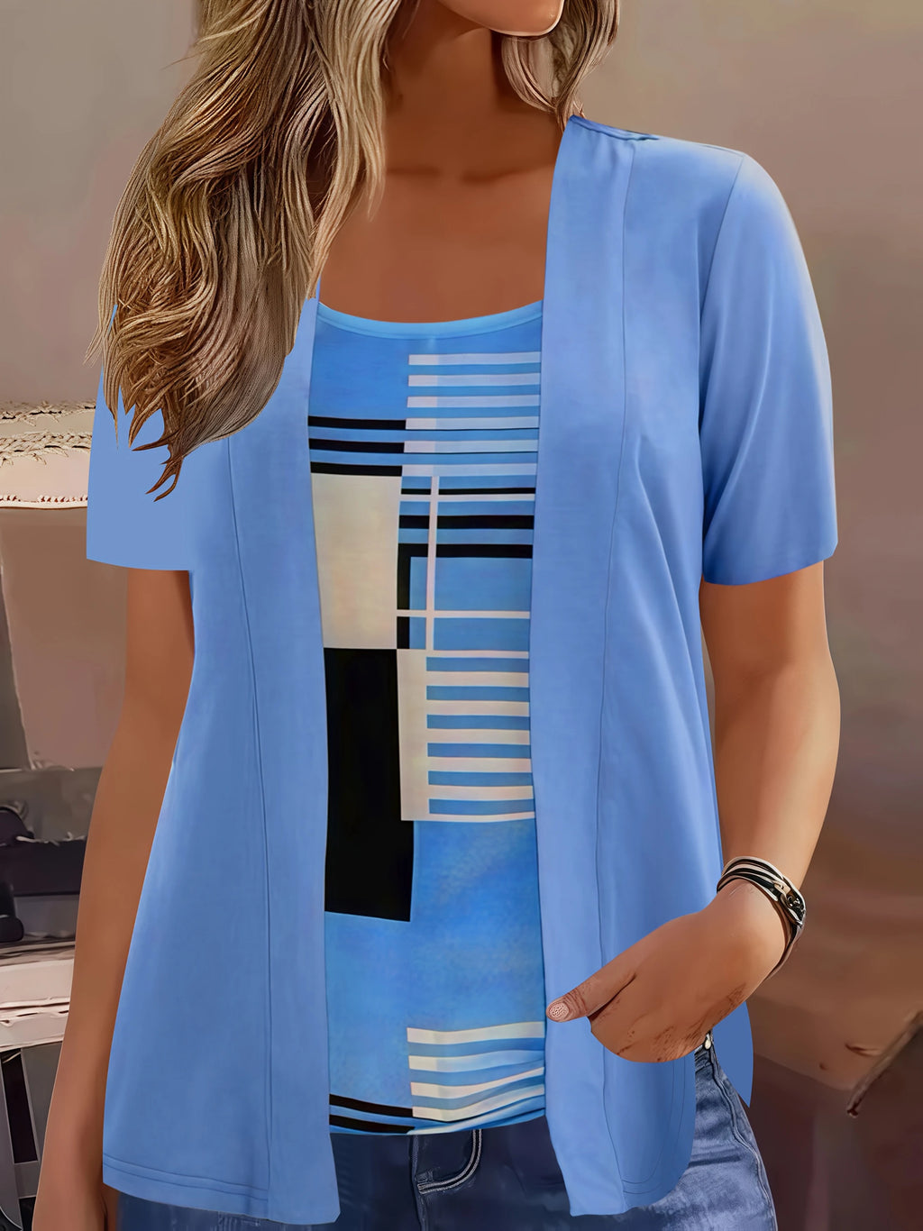 Elegant Geometric Print Mock Two-Piece T-Shirt | Plus Size Womens Summer Casual Top | Fashion Patchwork Design