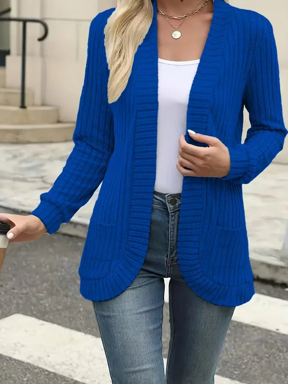 New fashion women's solid color casual pit stripe brushed cardigan jacket
