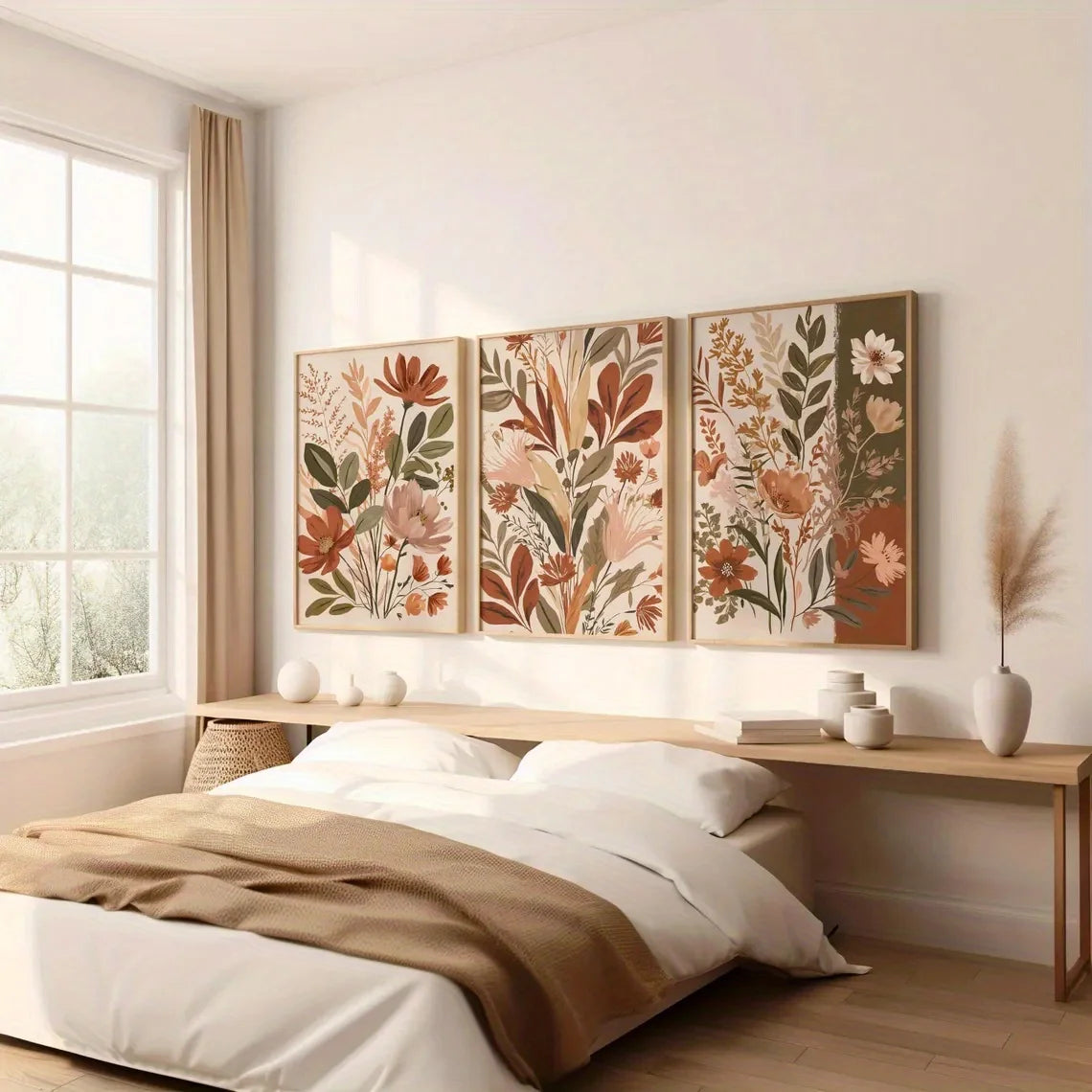 3-Piece Retro Sage Green Botanical Canvas Set – Bohemian Floral Wall Art