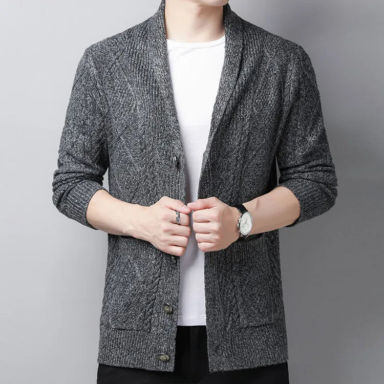 New Men's Knitted Cardigan, Youth Lapels Long Sleeve Coat, Men's Sweater Casual, Camel Black Gray Warm Sweater