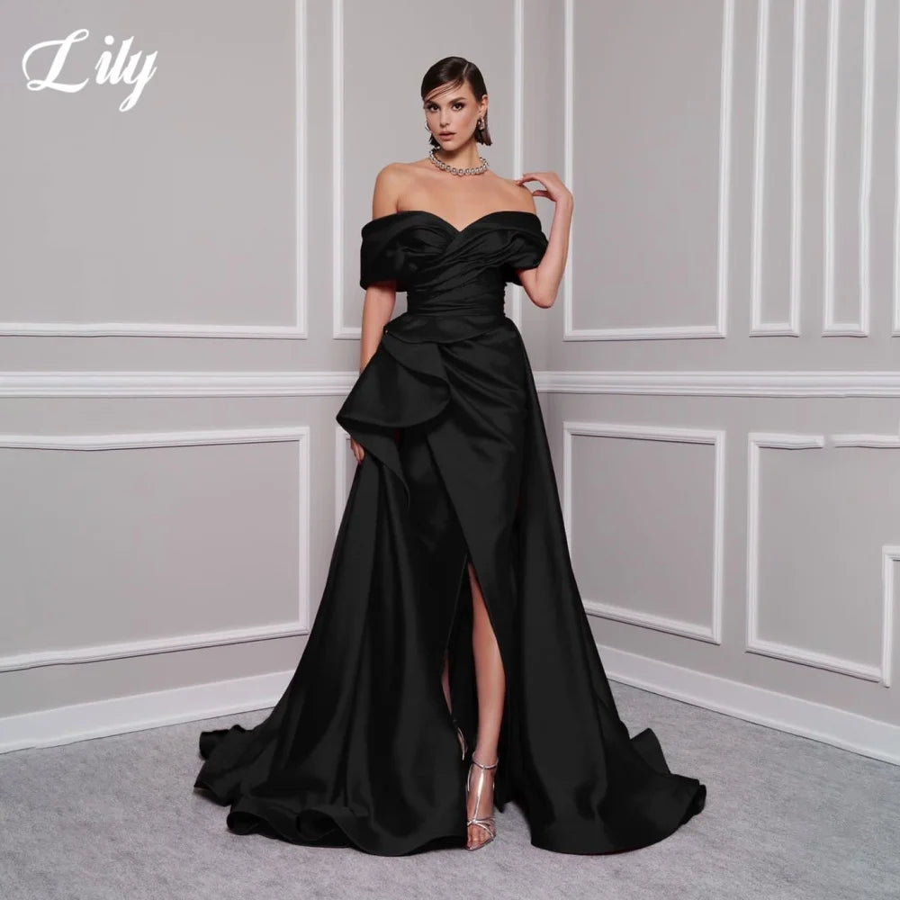 Lily Red Elegant Prom Gown V-Neck Off the Shoulder Party Dress for Woman Satin Pleating Side Split Evening Dresses Customized