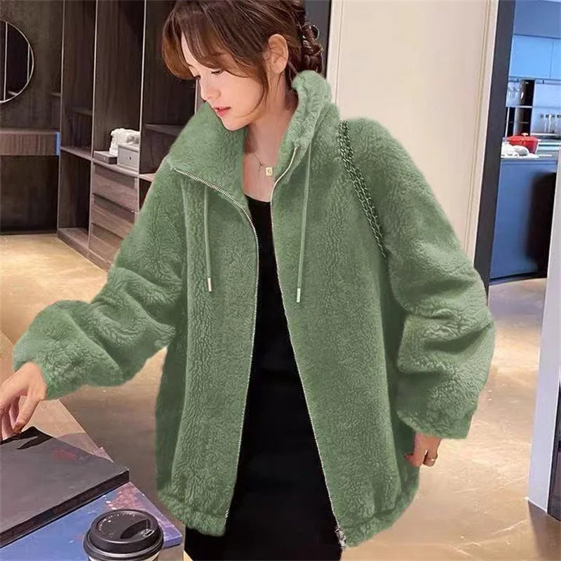 Winter Warm Double Coral Fleece Coat Women Stand Collar Plush Thick Overcoat New Fashion Loose Casual Long Sleeve Zipper Clothes
