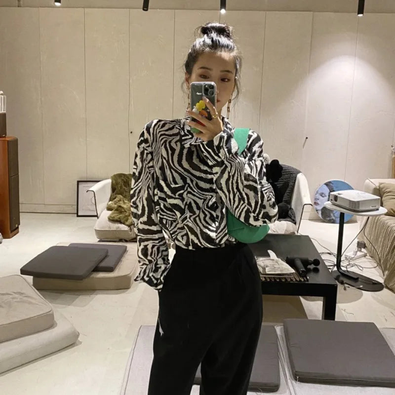 Zebra Print Shirt Women's Spring Thin Tops Retro Fashion French Chiffon Shirts Women's Loose Versatile Sunscreen Shirts Top