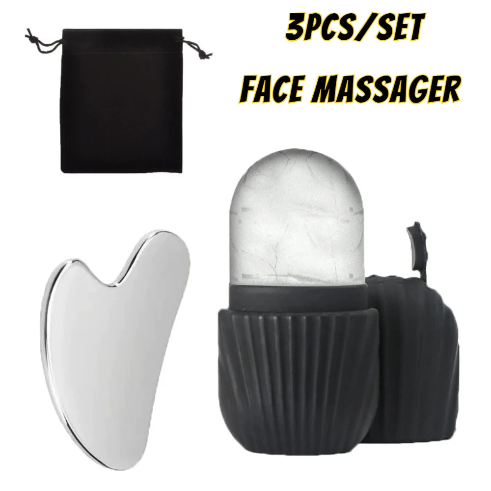 Ice Face Roller + Stainless Steel Gua Sha Set – Facial Massage Tools (1–3 pcs)