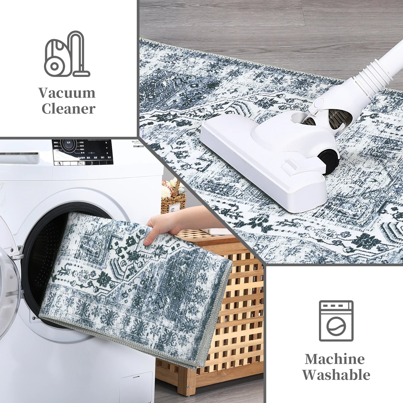 Washable Vintage Area Rug 8×10 – Neutral Distressed Farmhouse