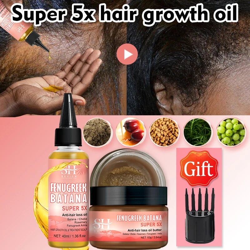 Sevich Batana Super 5X Hair Growth Set – Chebe Butter Hair Mask & Herbal Regrowth Oil (Batana, Rosemary, Fenugreek, Amla, 40ml + 60g)