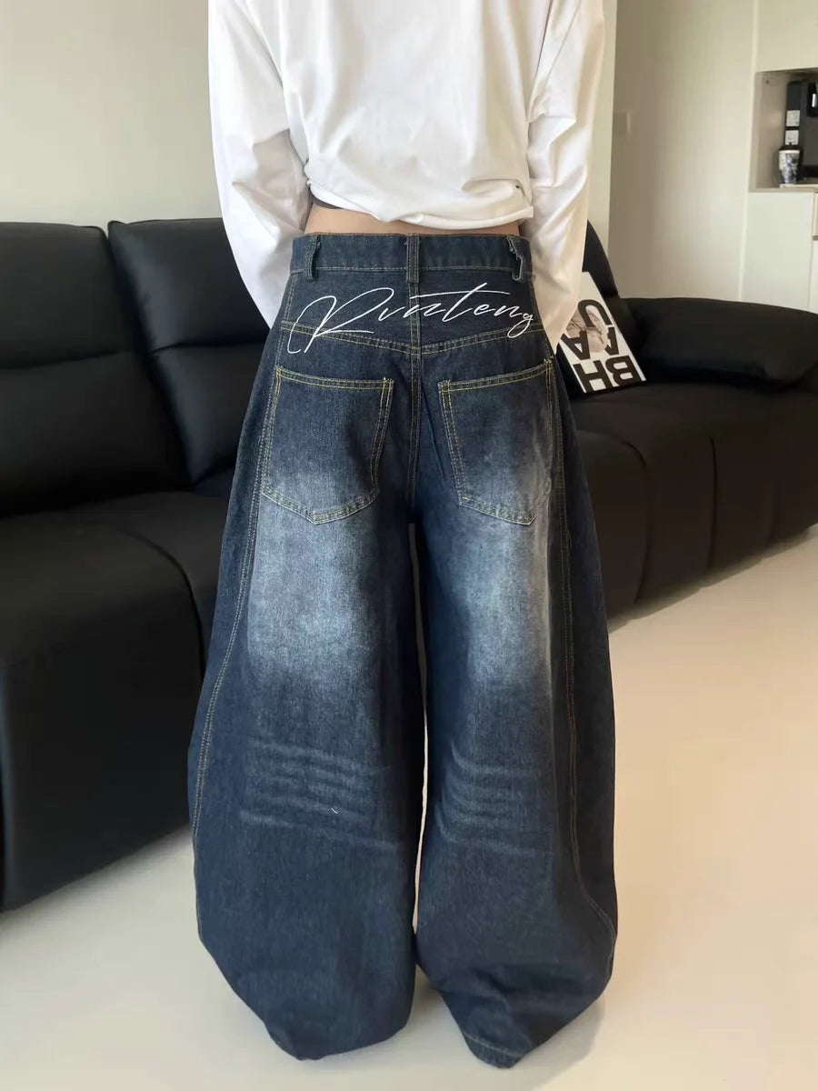 Casual Womens Y2K Loose Baggy Jeans Blue Washed High Street Vintage Cargo Pants Wide Leg Oversized Trousers y2k pants