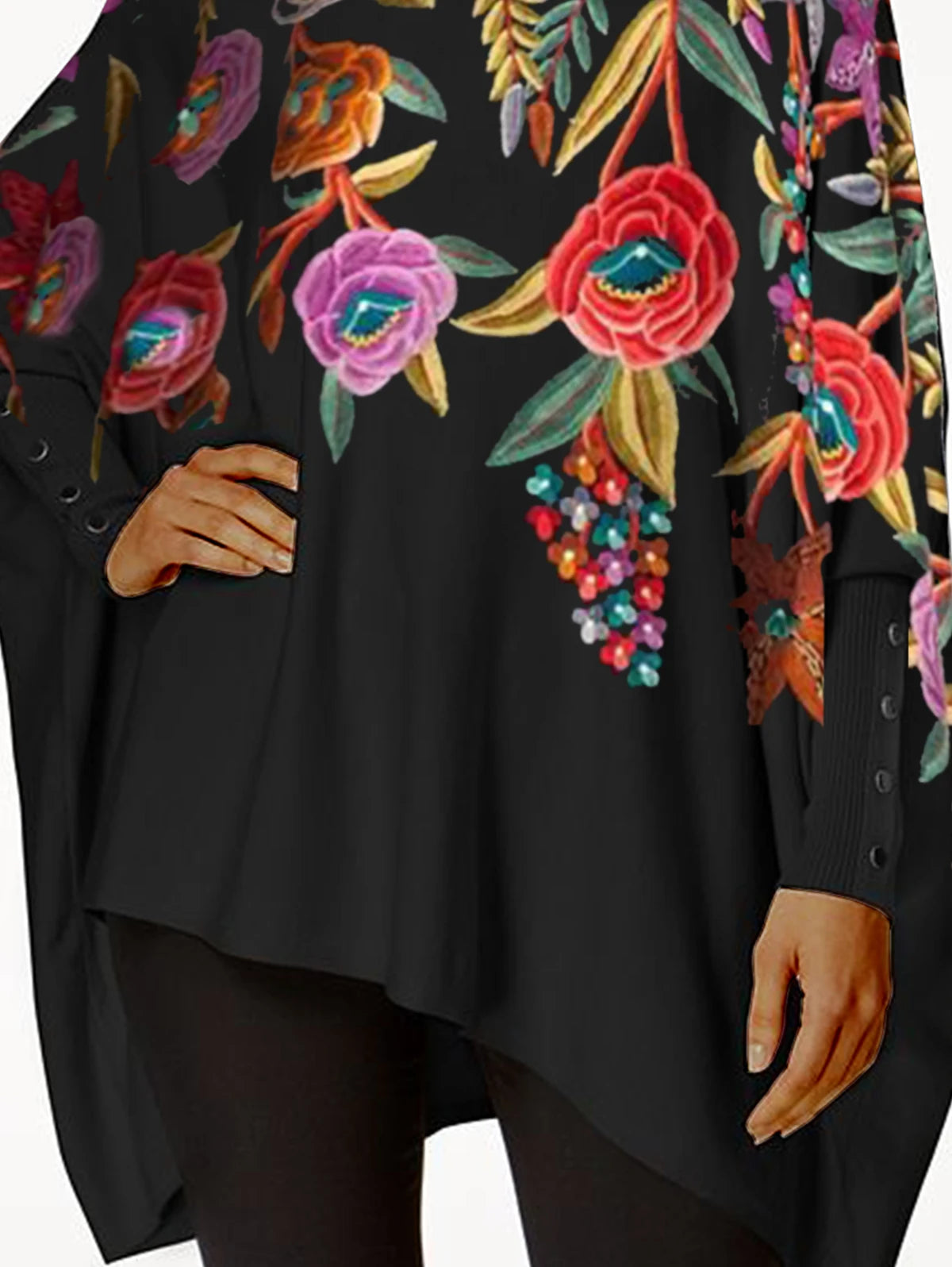 Turtleneck Floral Printed Women Plus Size Tee Top Casual Vintage Casual Smock Top Spring High Street Irregular Hem Loose T Shirt